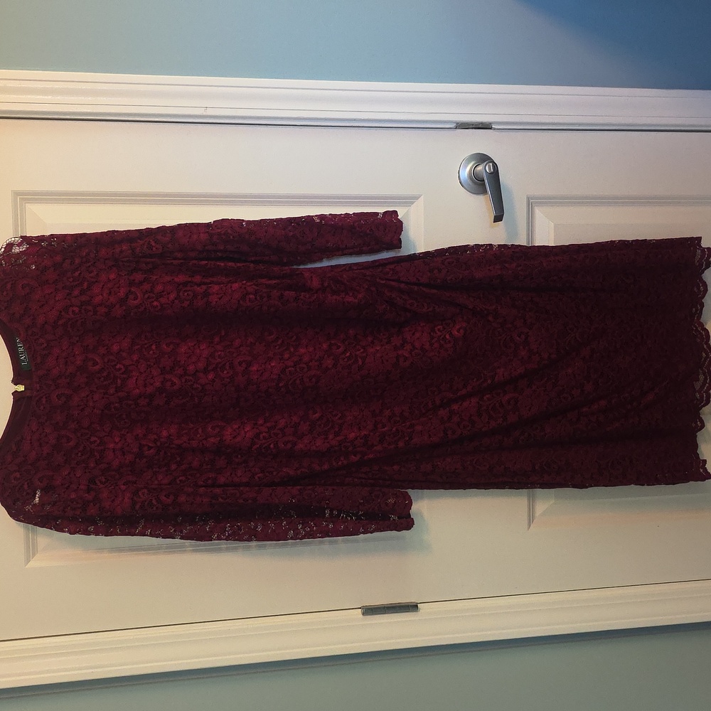 Ralph Lauren Burgundy Lace Long-Sleeve Midi Dress